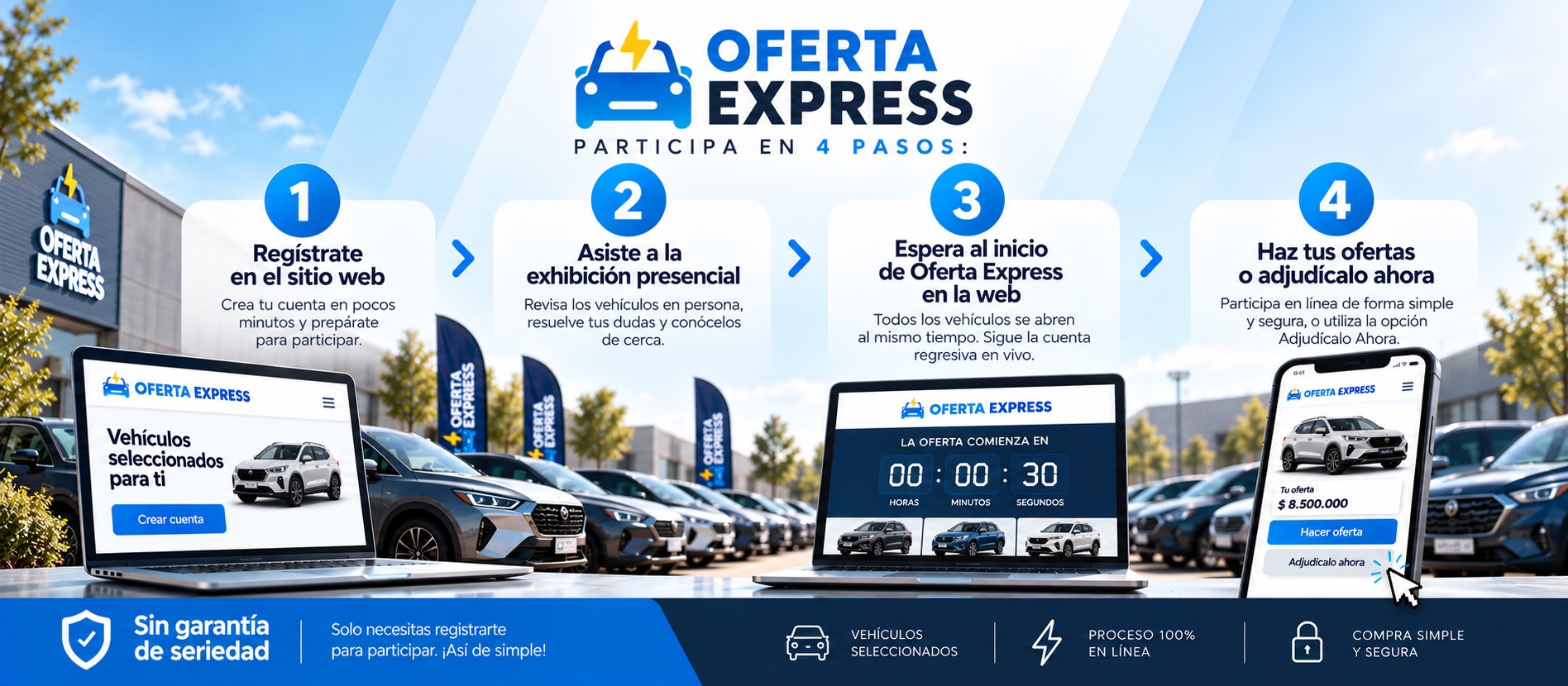 Oferta Express: participa en 4 pasos. Regístrate, asiste a la exhibición presencial, espera el inicio en la web y haz tus ofertas o adjudícalo ahora. Sin garantía de seriedad.